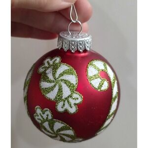 2 Vintage G&B Blown Glass Ball Christmas Ornaments Red with Green Candy Design